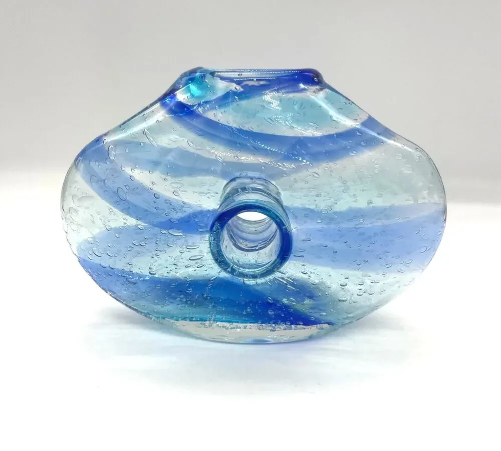 Italian Art Glass Vase with Donut Hole Blue Ribbon Swirls Hand Blown 7